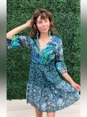 Dress Addict Cotton Dress Tropical Patchwork Tiered Popover Lightweight Small